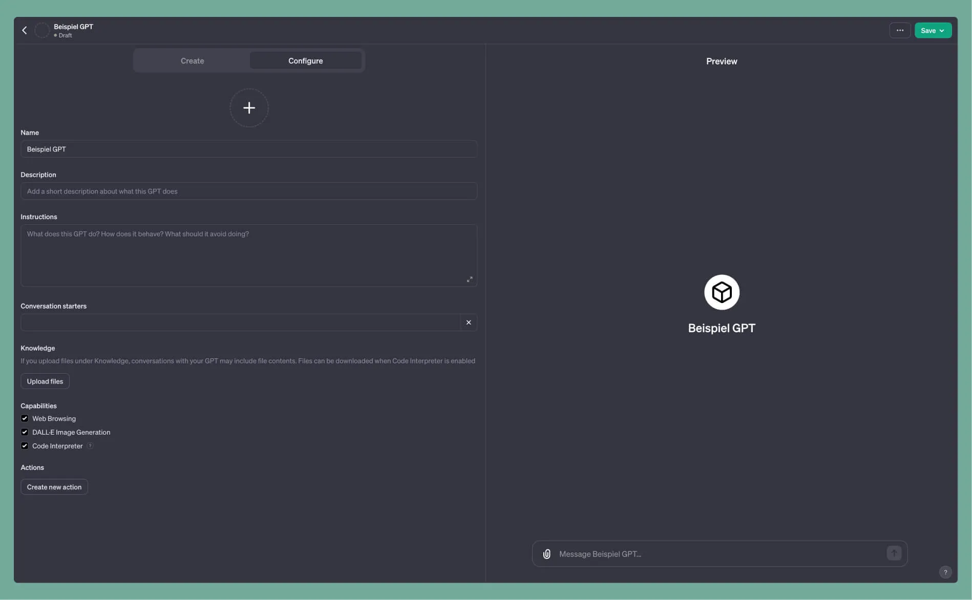 Custom GPT Erstellung Interface