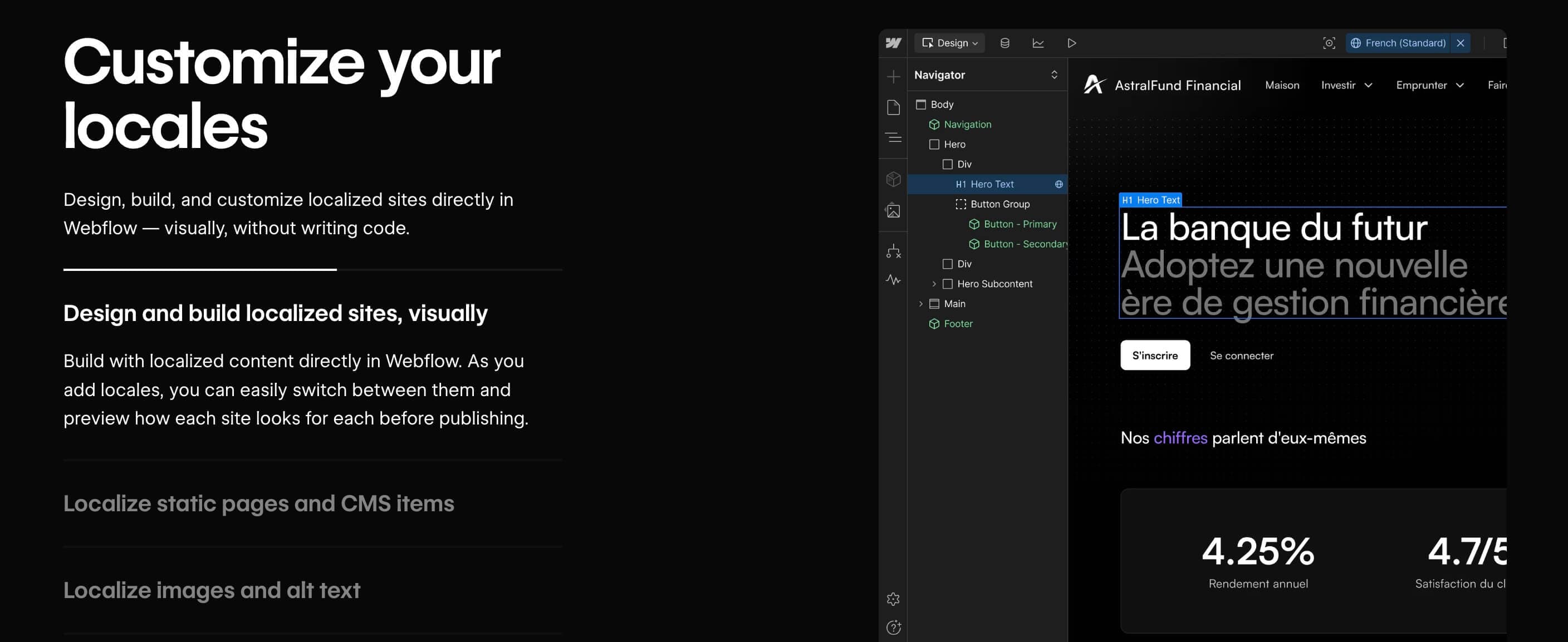 Screenshot der Webflow Localization-Einstellungen mit Sprachvarianten und übersetzbaren CMS-Feldern für eine mehrsprachige SaaS-Website.