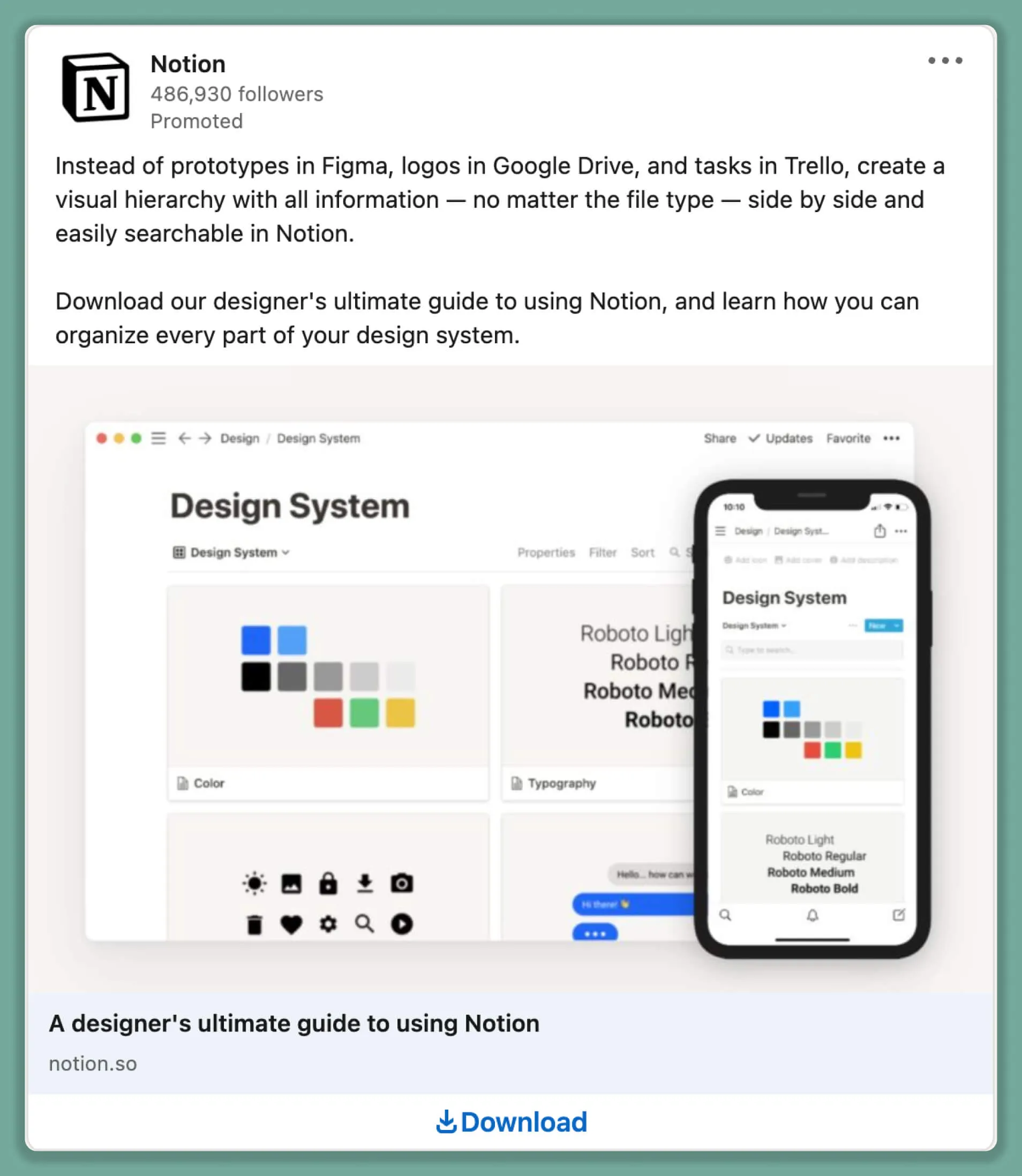 LinkedIn-Anzeige von Notion zeigt, wie man Designsysteme auf Mobilgeräten und Computern mit ihren Vorlagen organisiert