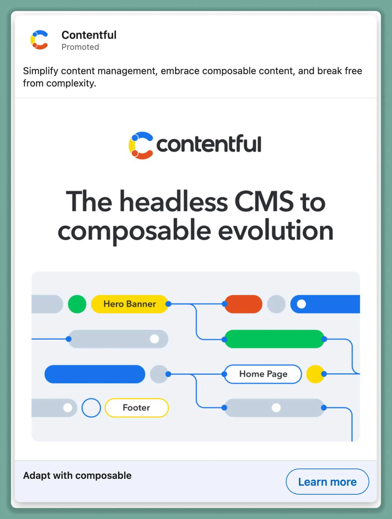 Contentful LinkedIn-Bildanzeige zeigt eine schematische Darstellung des Headless CMS zur Veranschaulichung komponierbarer Inhaltsstrukturen