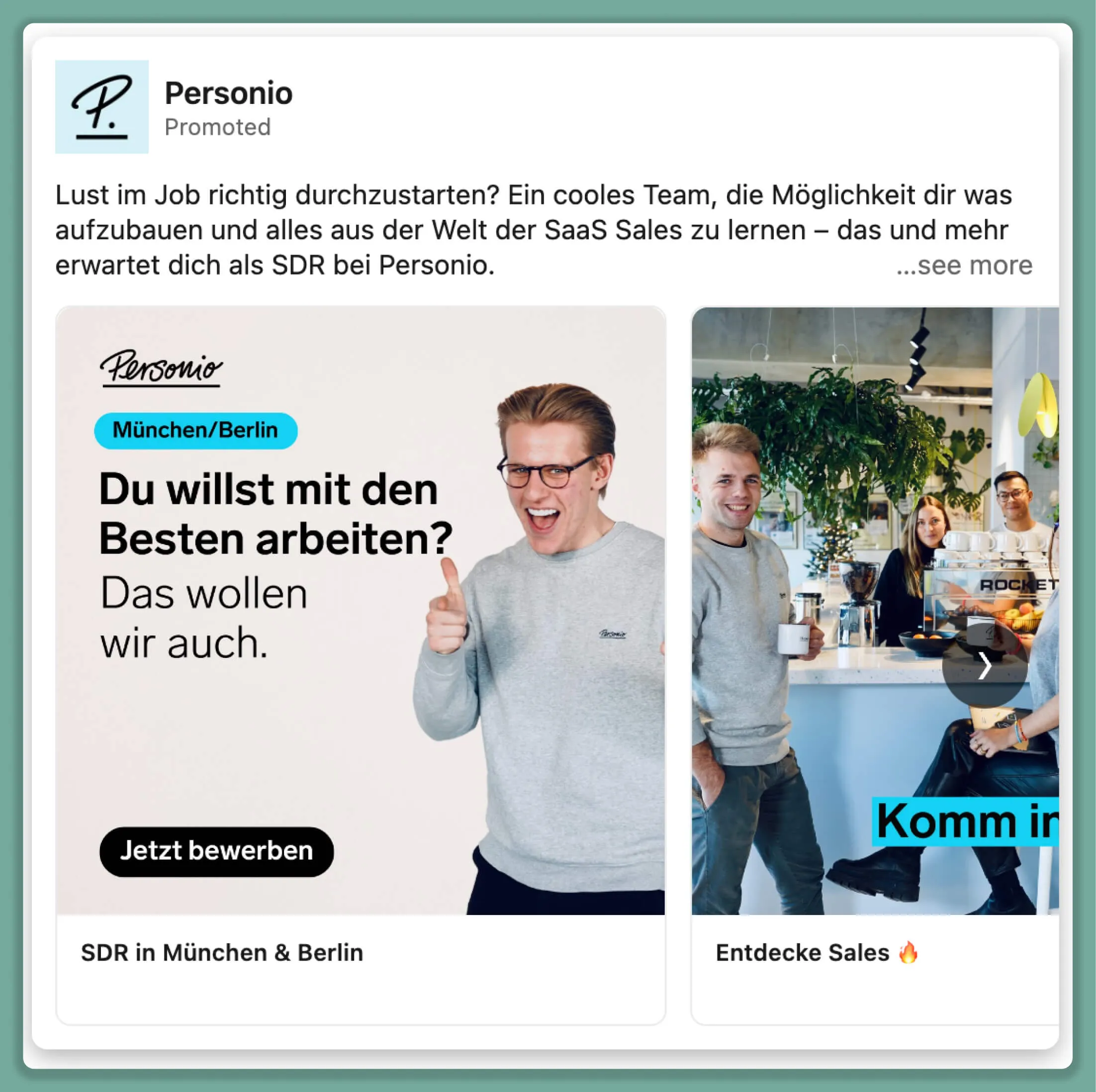 Carousel-Stellenanzeige von Personio auf LinkedIn zeigt echte Mitarbeiter und Büros, um die Unternehmenskultur zu vermitteln