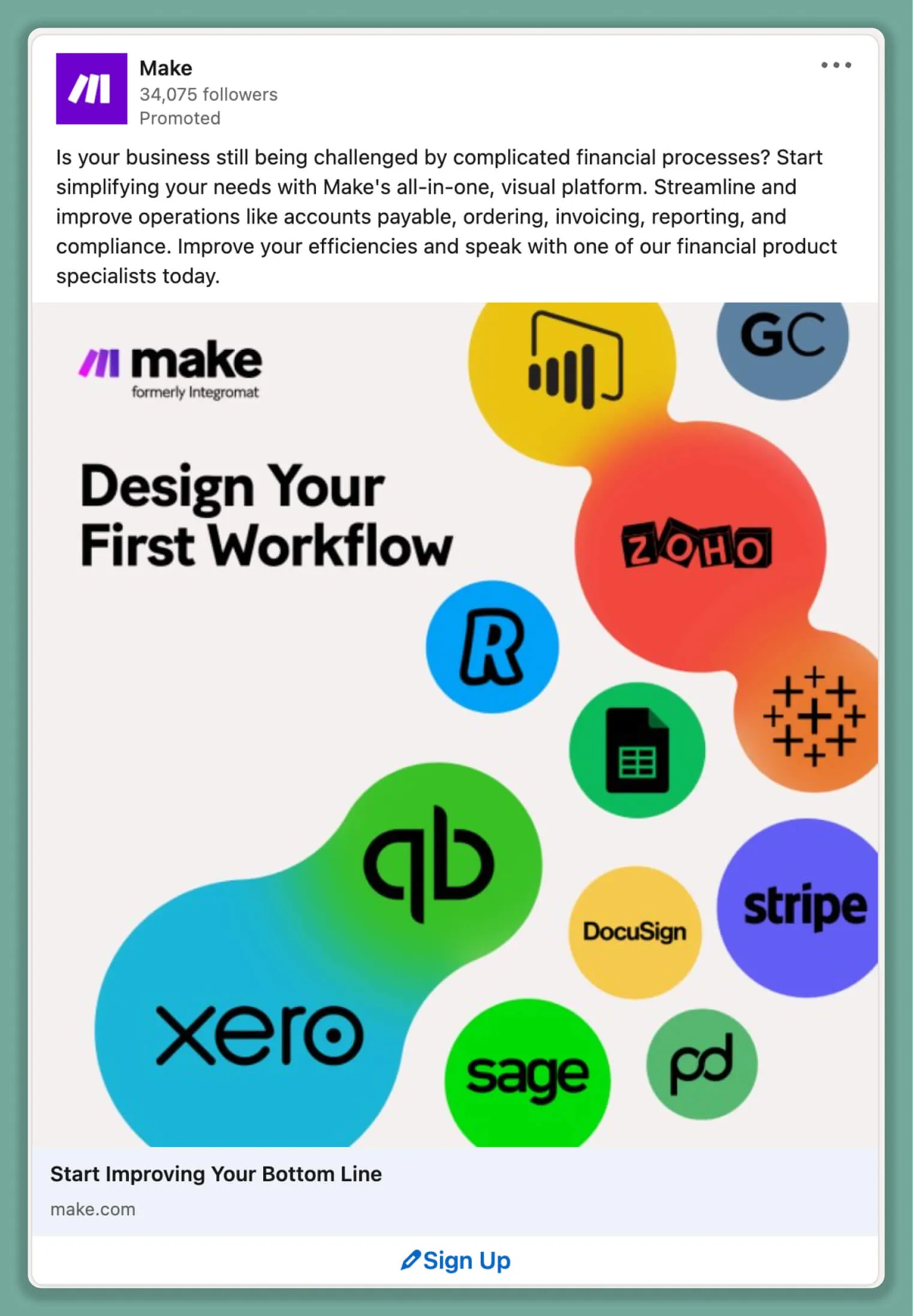 LinkedIn-Anzeige von Make zeigt eine Grafik mit verschiedenen Software-Logos, die die umfangreichen Integrationsmöglichkeiten der Plattform darstellt