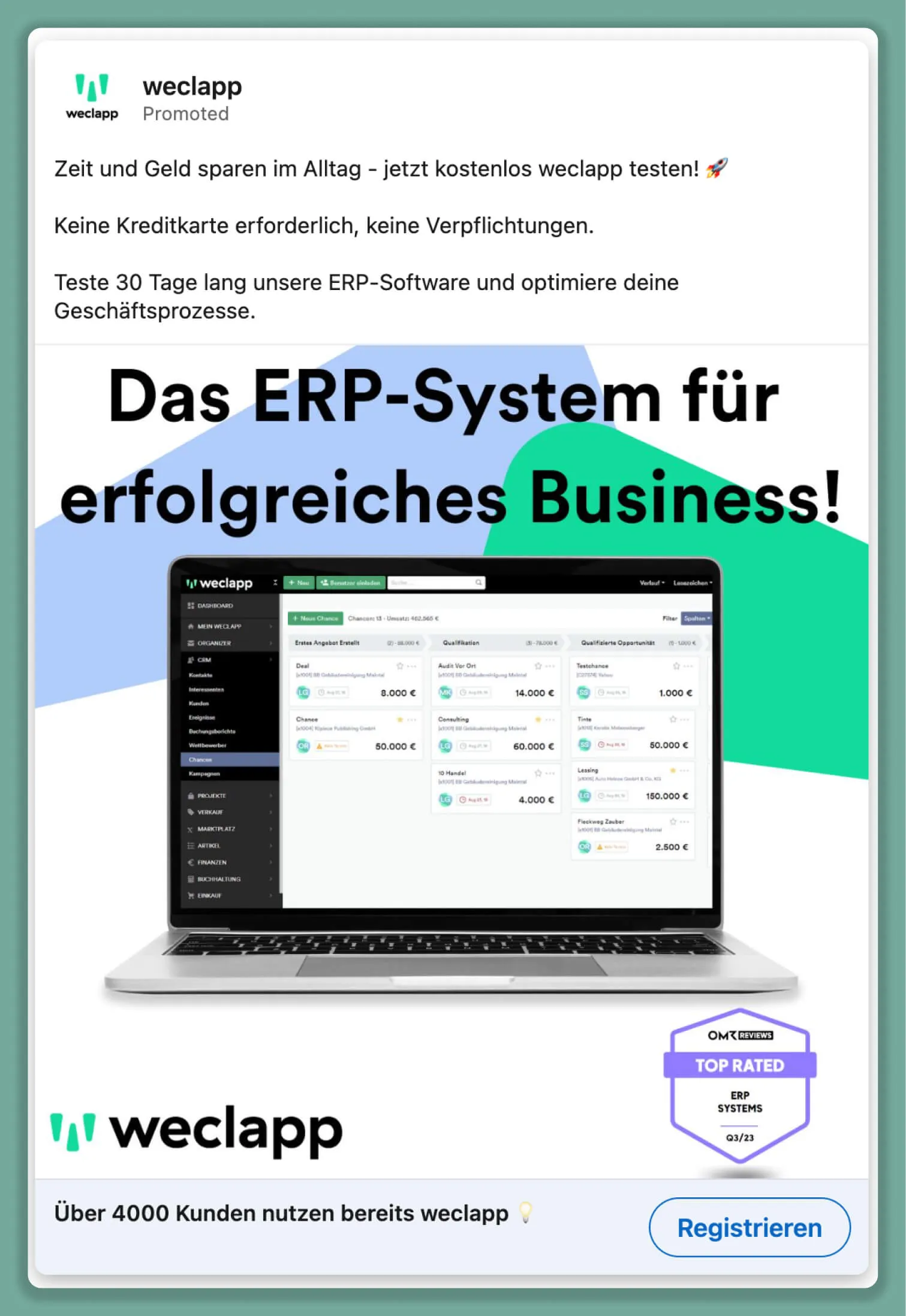 Weclapp LinkedIn-Anzeige mit Produkt-Screenshot und Bewertungssiegel, die eine kostenlose Testphase anbietet