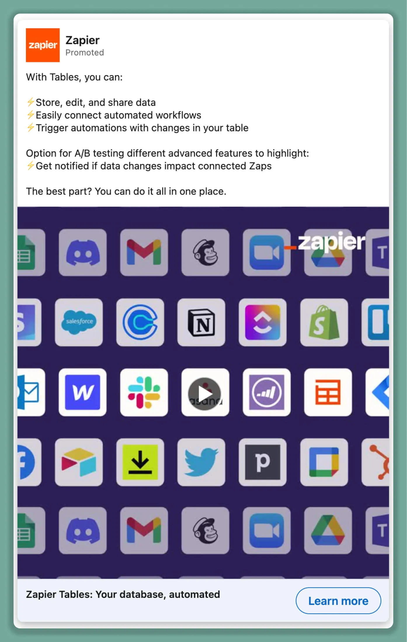 Zapier LinkedIn-Anzeige, die 'Tables' vorstellt - ein Tool zur Automatisierung von Datenbanken