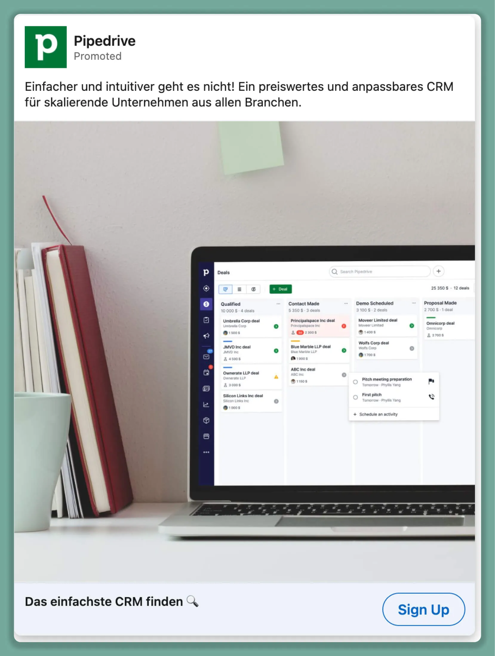 Pipedrive LinkedIn-Bildanzeige mit einem Screenshot des CRM-Interfaces, zugeschnitten auf den deutschen Markt