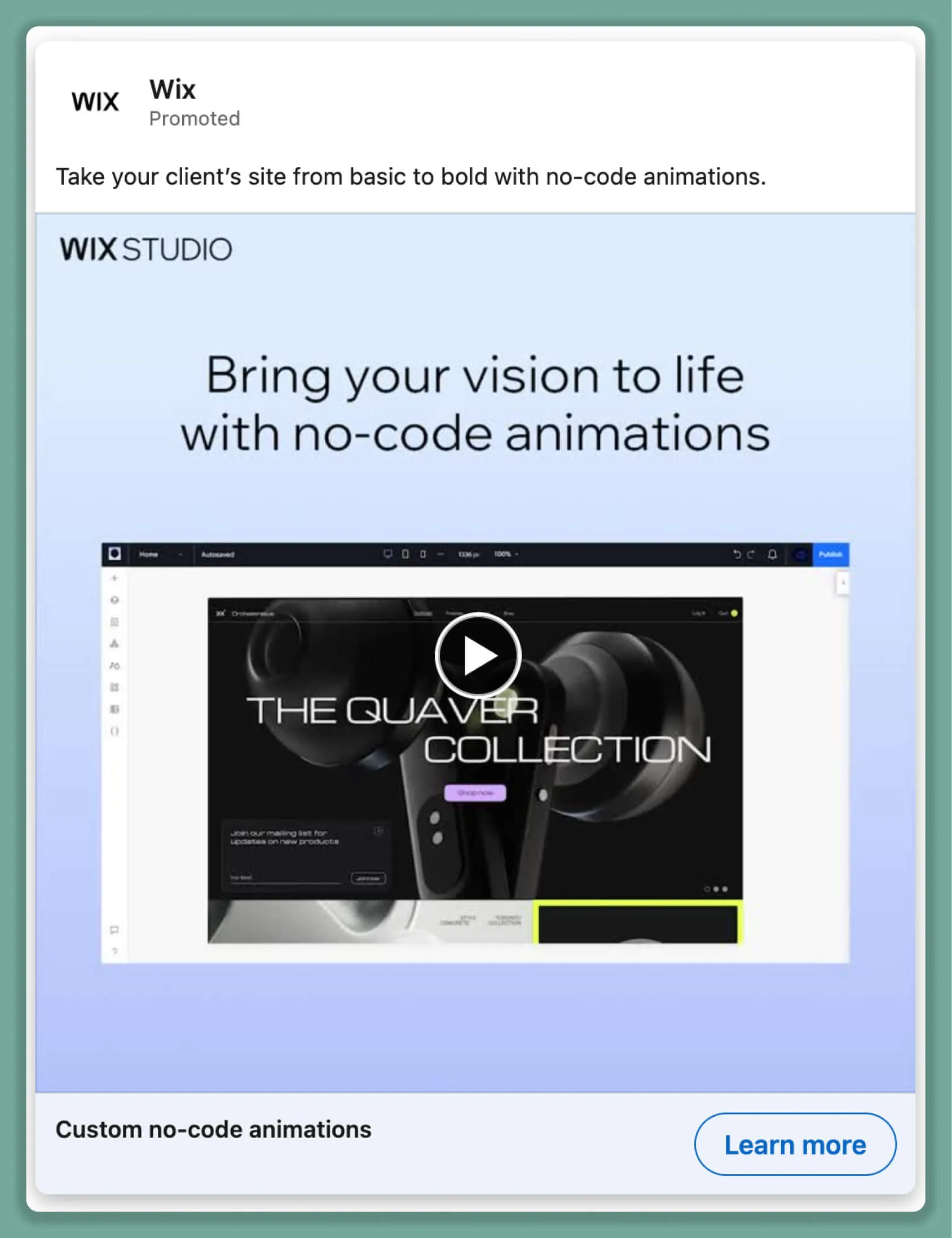 Wix LinkedIn-Videoanzeige präsentiert No-Code-Animationswerkzeuge zur einfachen Website-Gestaltung