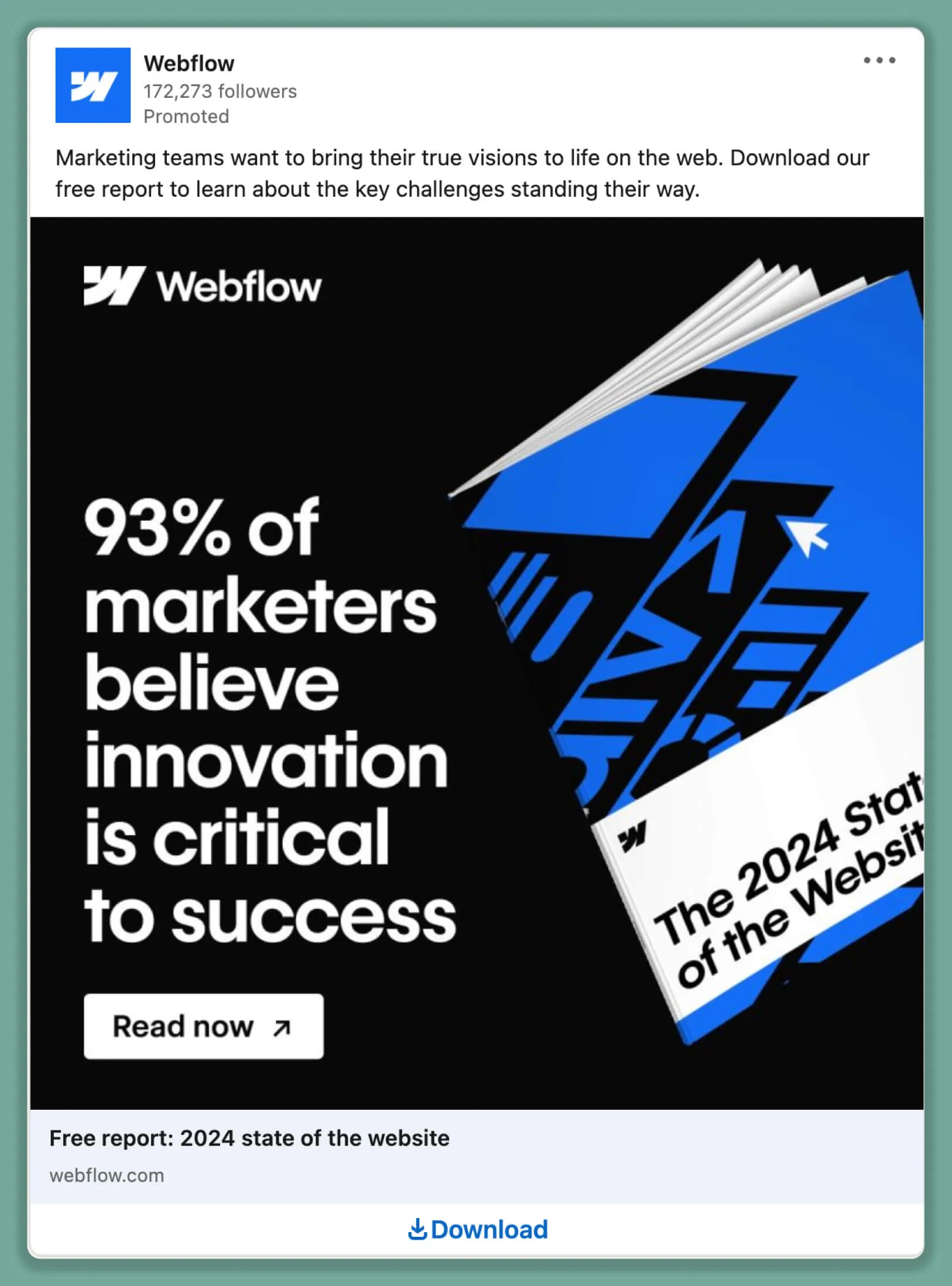 Webflow LinkedIn-Dokumentanzeige, die einen kostenlosen Bericht mit Statistiken zur Bedeutung von Innovation im Webdesign anbietet