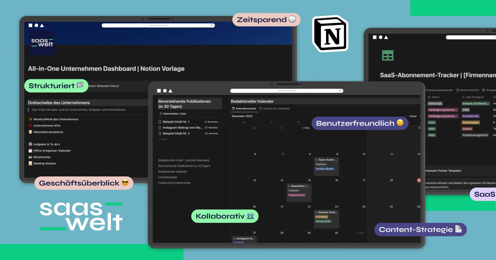 Auswahl an Notion-Vorlagen in Deutsch von SaaS-Welt
