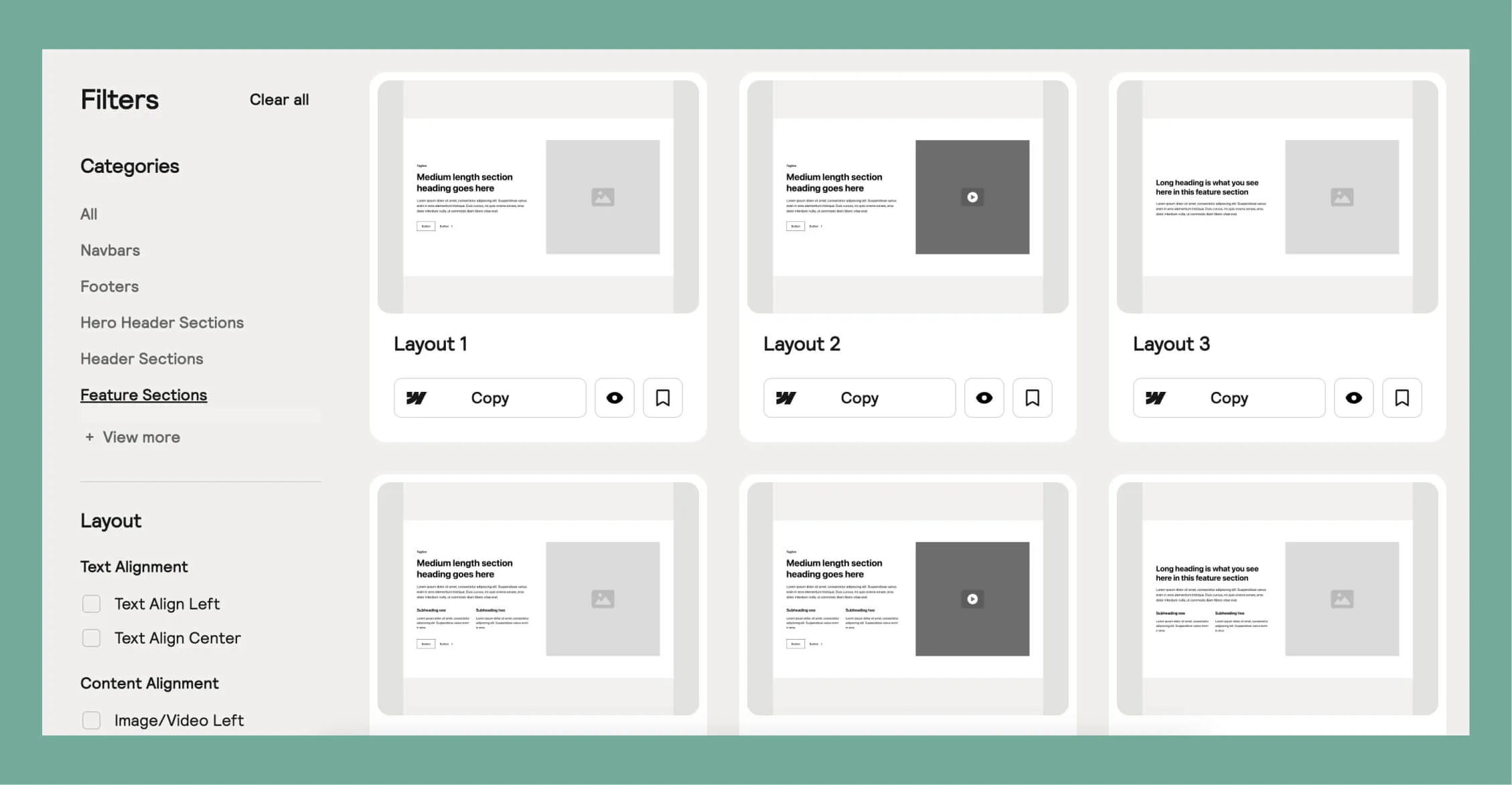 Screenshot einer Vielzahl von Webflow-Komponenten in der Relume Library