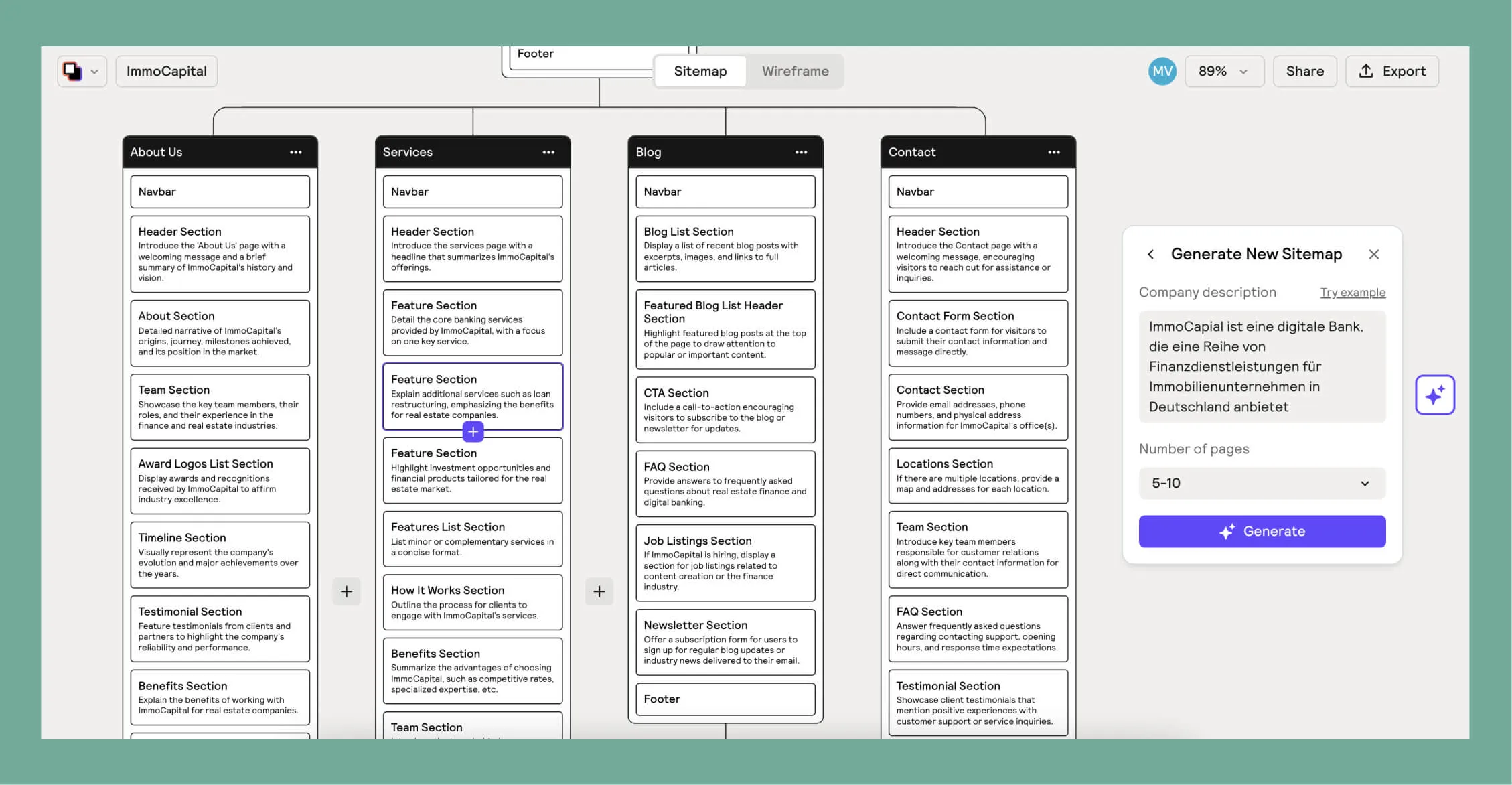 Interaktive Schnittstelle des Relume AI-Powered Site Builders beim Erstellen einer Sitemap