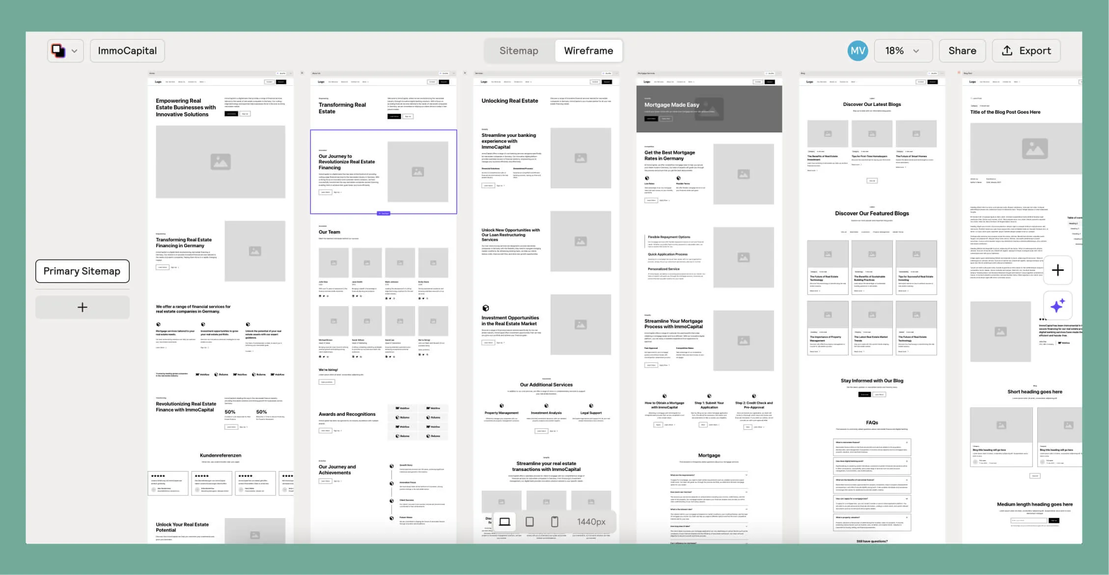 Beispiel eines aus einer Sitemap mit Relumes KI-gestützten Werkzeugen entwickelten Wireframes