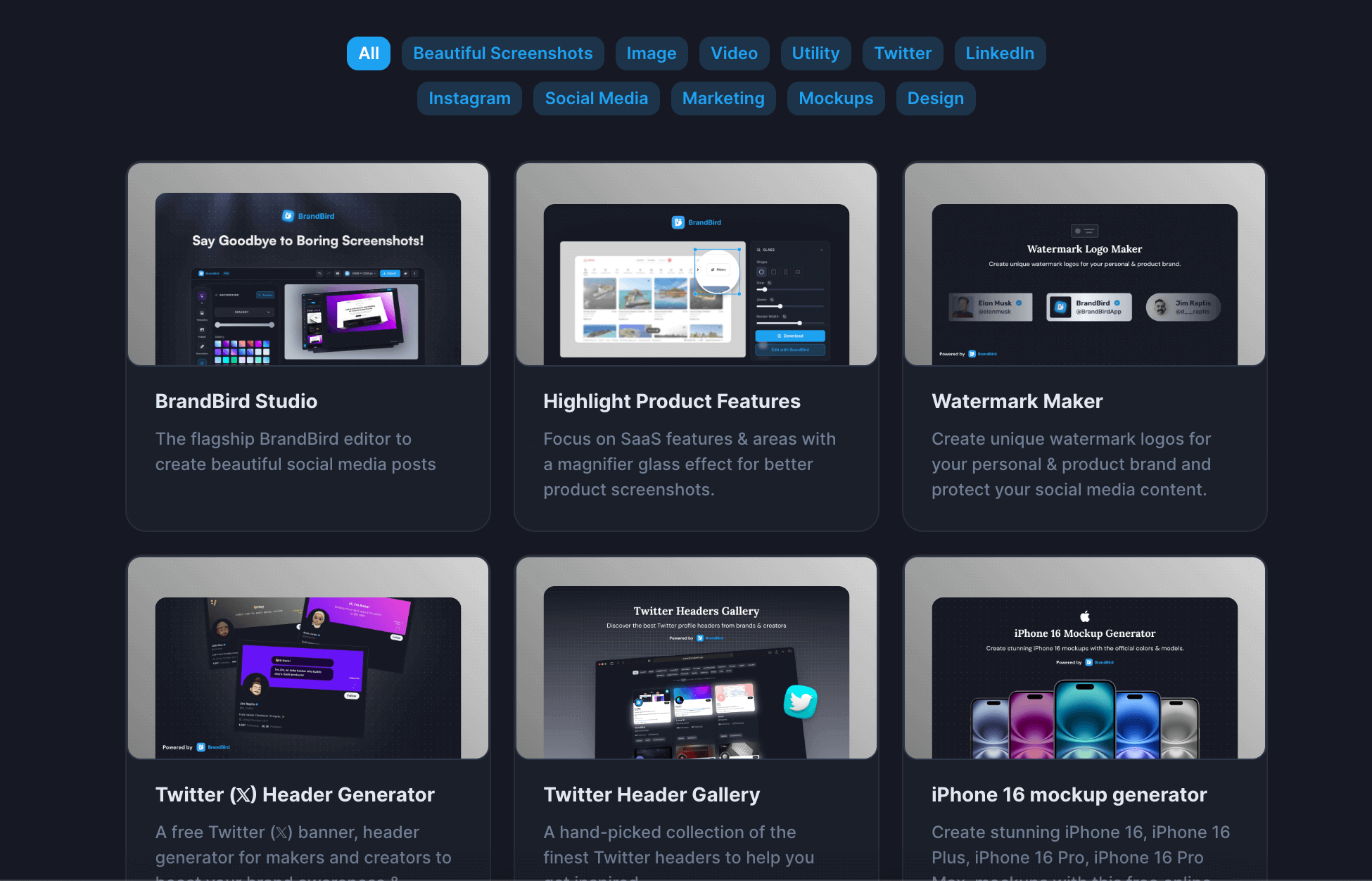 BrandBird kostenlose Tools - Screenshots, Mockups und Social Media Visuals in Minuten erstellt.