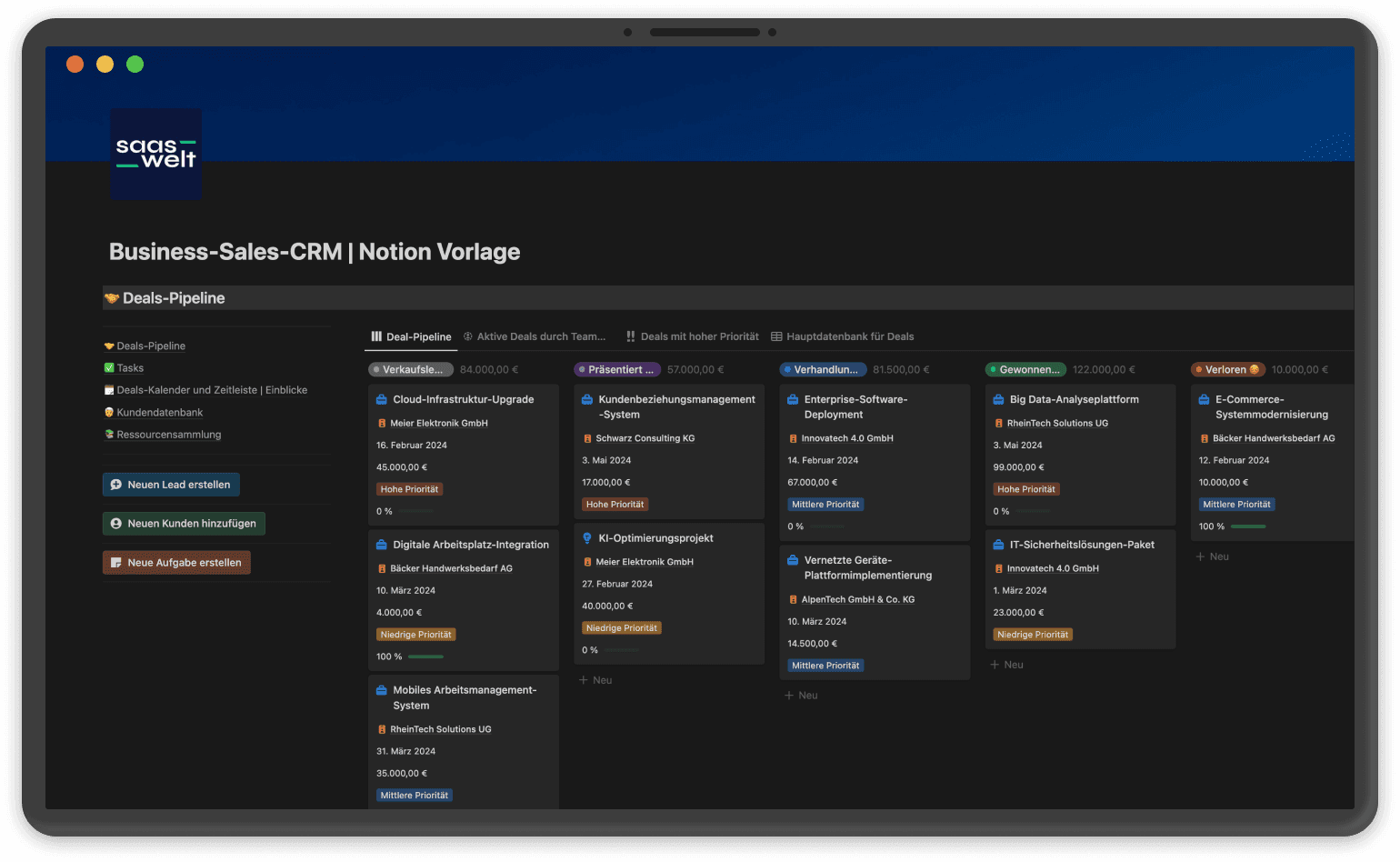 Notion CRM-Vorlage für Solopreneure - strukturiertes Kundenmanagement in einer zentralen Datenbank.